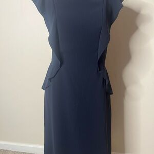Weill Paris Women’s Elegant Navy Blue Sleeveless Ruffle Midi Sheath Dress Sz 10